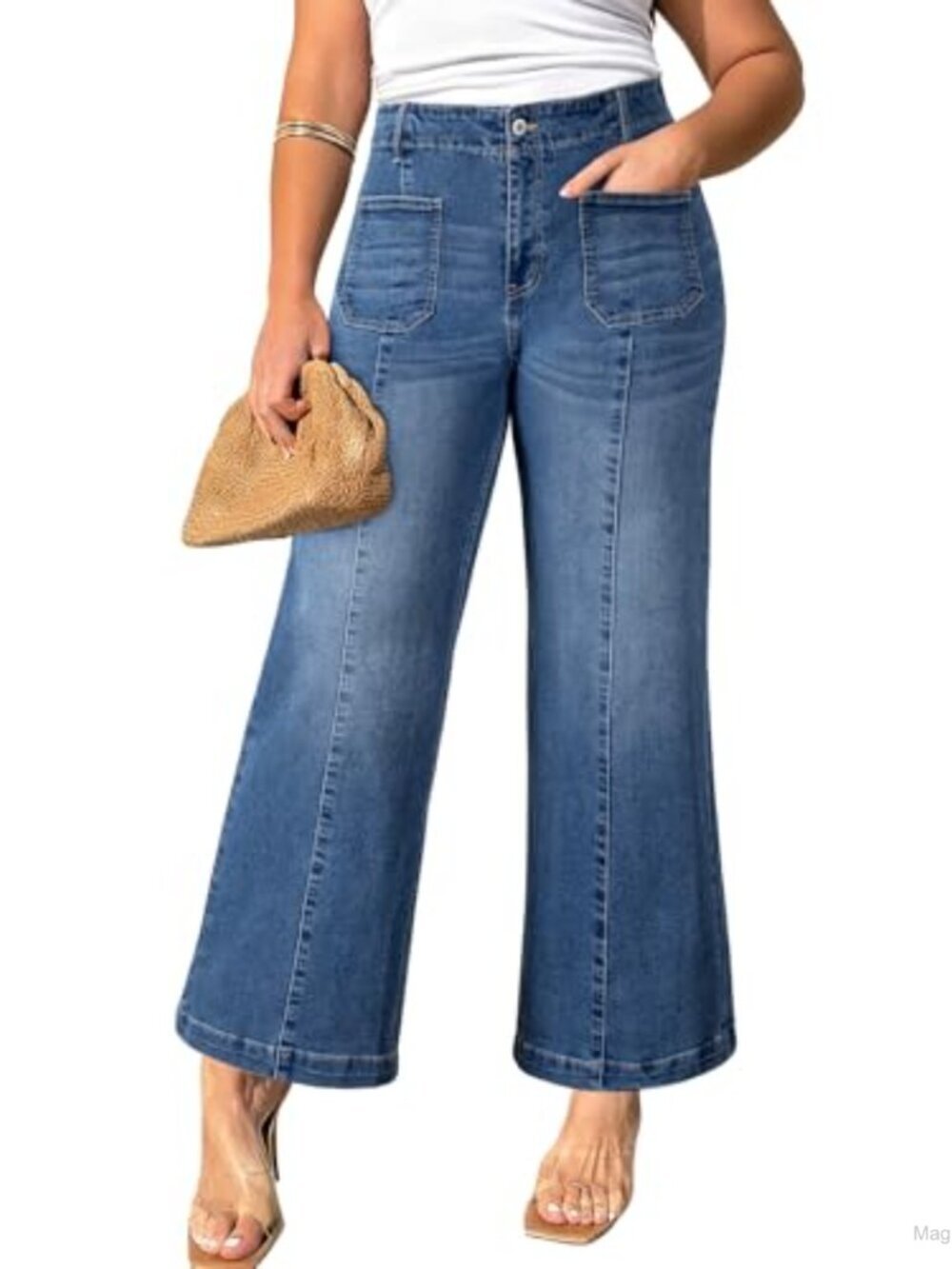 Plus Size Wide Leg Jeans High Rise Stretchy Denim Button Fly